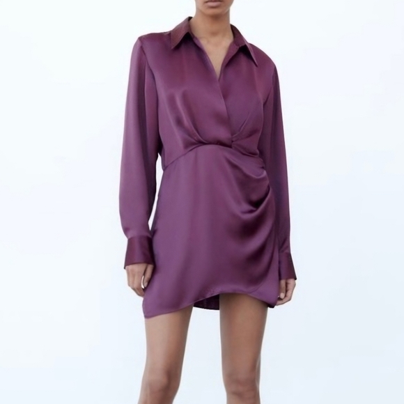 NWT Zara | Satin Ruched Shirt Dress Silky Eggplant Womens Large - Picture 8 of 9